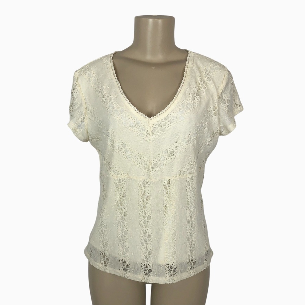 Vintage Y2K Cream Lace V-Neck Short Sleeve Shirt Top Size L‎ Coquette Soft Girl
